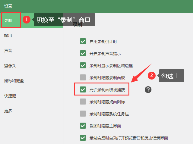 允许录制面板被捕获