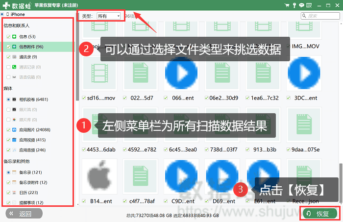 等待软件扫描完勾选需要的数据